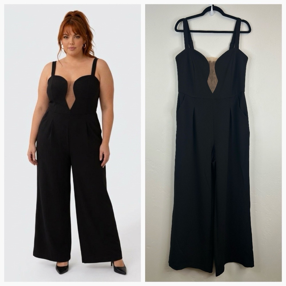 City Chic NWT Black Jumpsuit Size 14 Cocktail Party Evening Wide Leg Mesh Bust
